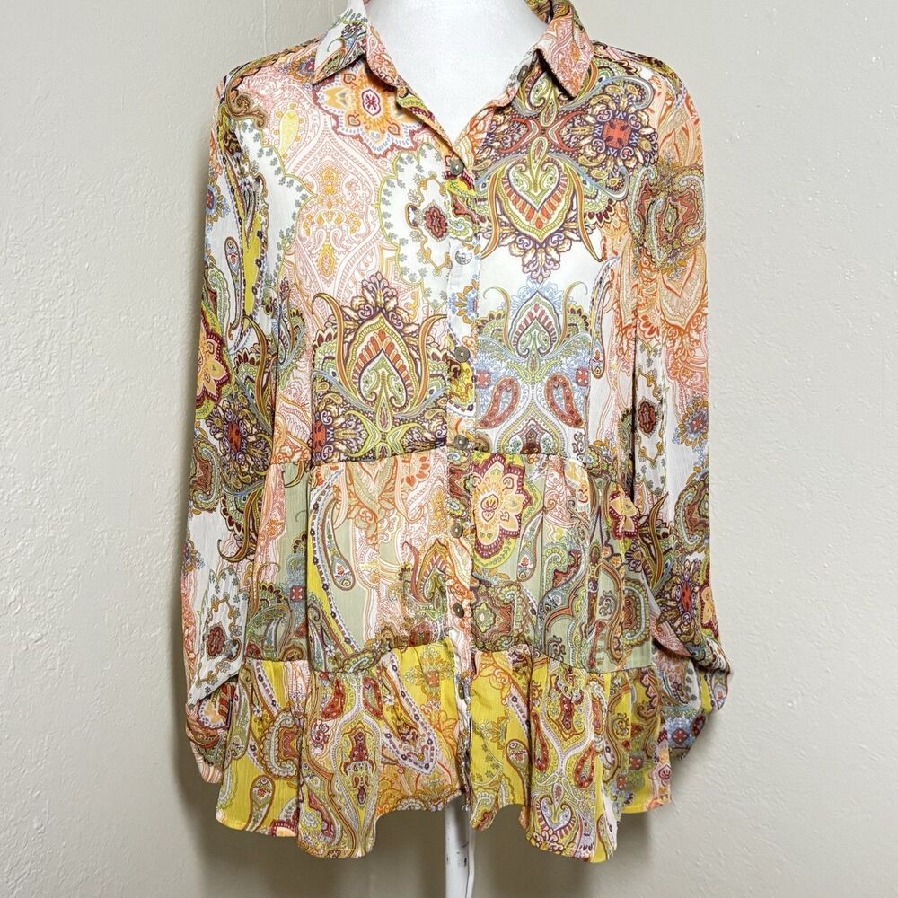 Figueroa & Flower Top Womens Petite Large Paisley Print Sheer Ladies